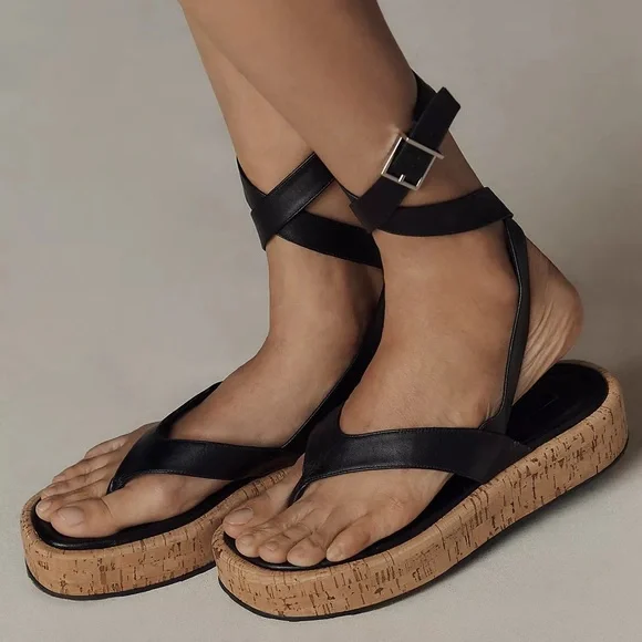 NWT - Schutz,Tessie Leather Platform Sandals, Black, 9.5 Black Strappy Sandals - Picture 3 of 4